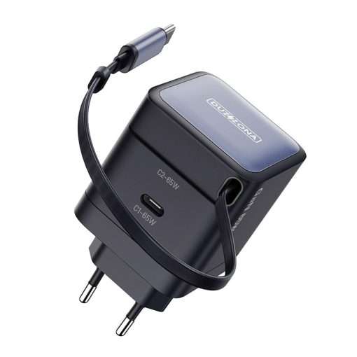 Duzzona PD 65W Gan Fast Charger with Dual Port and Telescopic Built-in Type C Cable - Black - Image 2