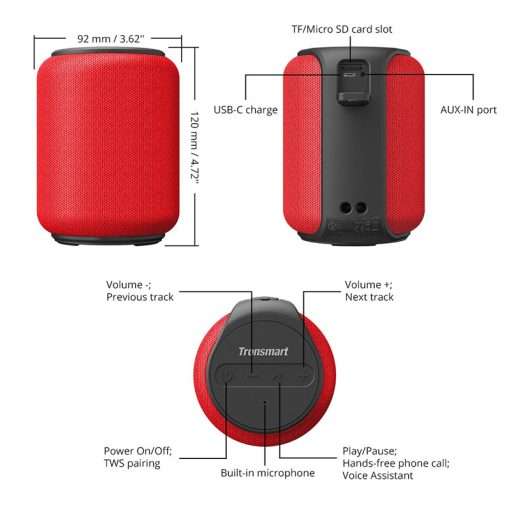 Tronsmart T6 Mini Upgraded Bluetooth Speaker TWS Speakers IPX6 Wireless Portable Speaker with 360 Degree Surround Sound, Voice Assistant - RED - Image 10