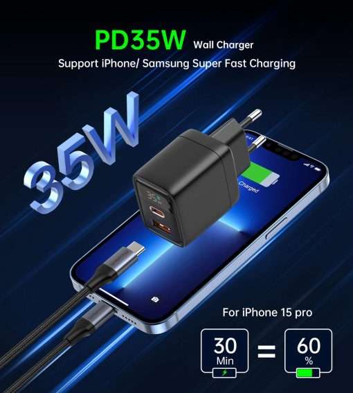 Choetech 35W Gan Wall Charger 2x USB-C PD with Display – Black - PD6052 - Image 3