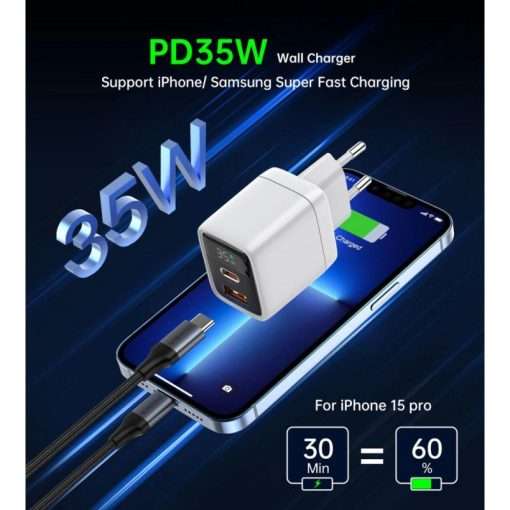 Choetech PD35W USB-C & USB-A GaN Charger with display – PD6052 – White - Image 4