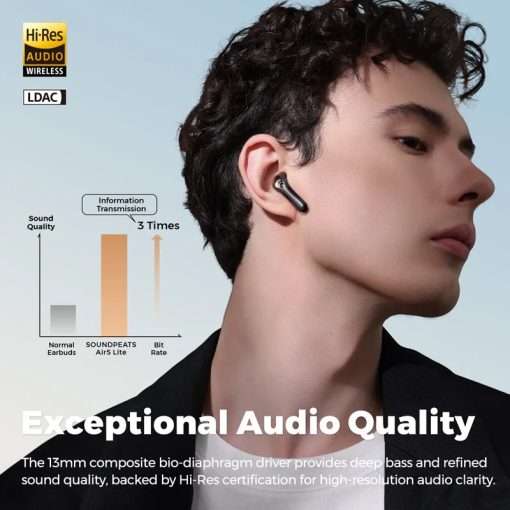 SoundPEATS Air5 Lite Wireless Earbuds with Hi Res Audio, Bluetooth 5.4 Semi in Ear Earphones, 13mm Drivers, LDAC Codec, 30 Hrs Fast Charge - Black - Image 3