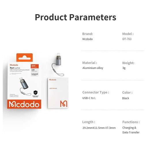 Mcdodo 36W USB-C to Lightning Adapter with Lanyard - CA-7630 - Grey - Image 8